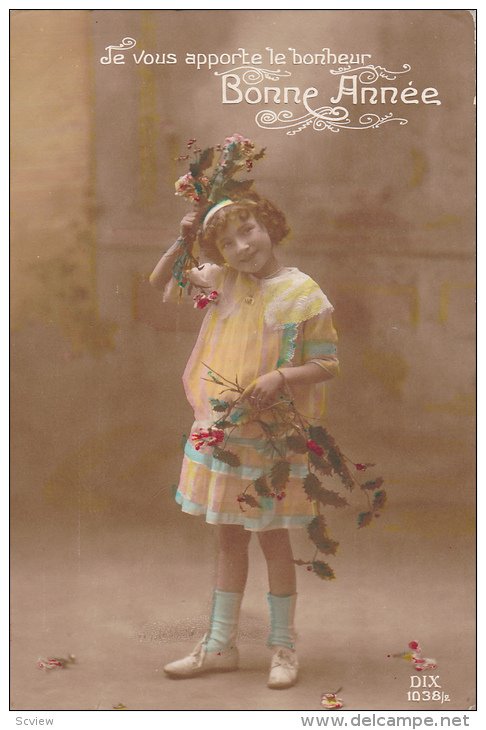 RP; Hand-tinted, Je vous apporte le bonheur Bonne Annee, Girl playing with fl...