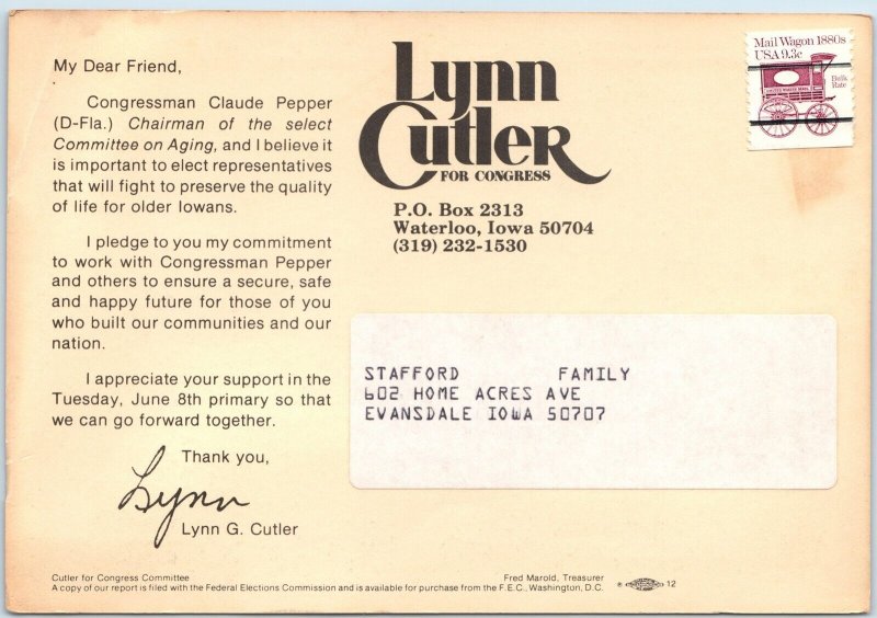 c1980s Waterloo, IA Lynn Cutler Congressman Election Campaign Large Postcard 3T