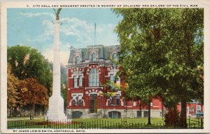 Ashtabula OH City Hall & Monument Soldiers & Sailors of Civil War Postcard G72