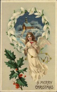 Christmas Angels Church Bells Gilt Embossed c1910s Postcard