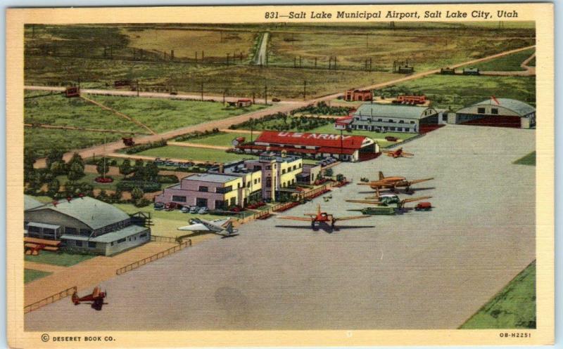 SALT LAKE CITY, Utah  UT   Aerial View MUNICIPAL AIRPORT  c1940s Linen Postcard