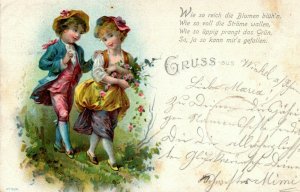 Victorian Boy And Girl Playing Outside Gruss Aus Vintage Postcard 08.73