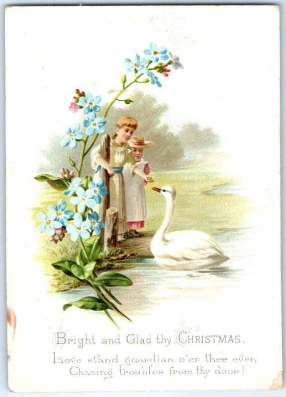 c1880s Christmas Trade Card Bright & Glad Poem Cute Feeding Swan Xmas Floral C35