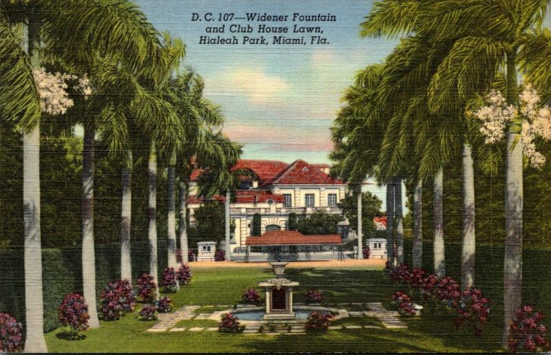 Florida Miami Hialeah Park Widener Fountain and Club House Lawn Curteich