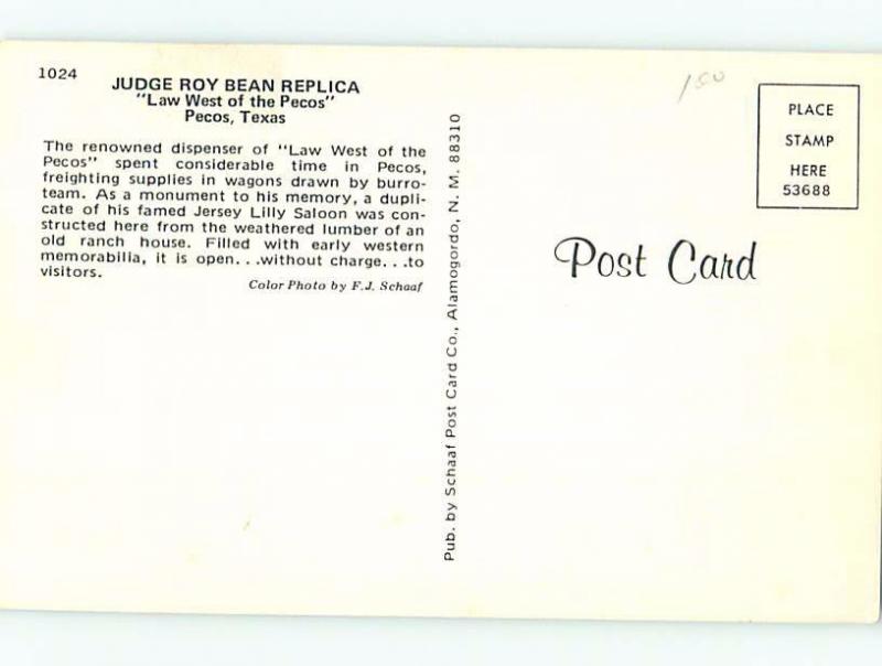 Unused Pre-1980 WESTERN OLD WEST - JUDGE ROY BEAN MUSEUM Pecos Texas TX d9192