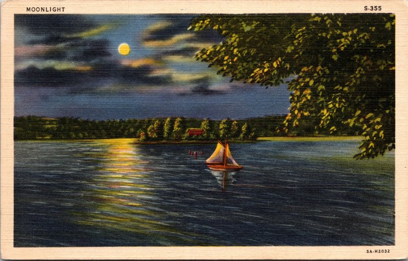 Moonlight Lake at Night with Sailing Boats Scene Linen Postcard unused 1940s/50s