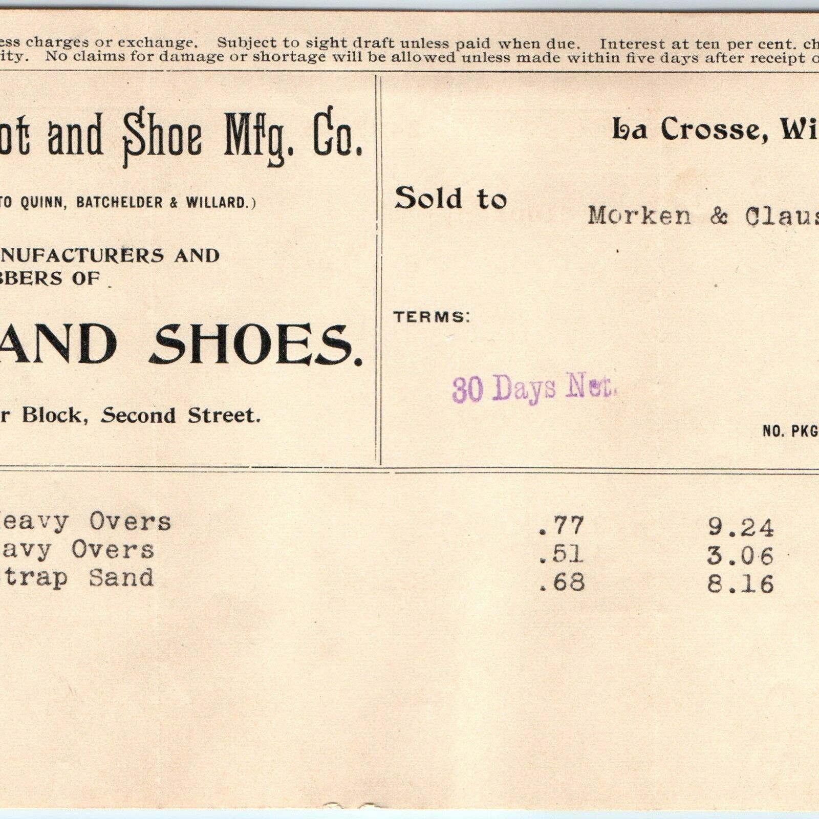 1896 La Crosse, Wis. Boot & Shoe Mfg Store Letterhead Receipt Sold to Bee, MN R1 Ephemera
