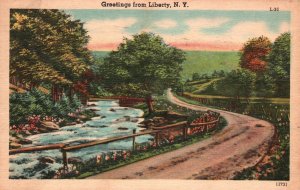 Vintage Postcard 1948 Greetings From Liberty New York Hiking Trails River Bridge