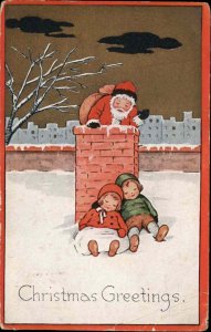 Christmas Santa Claus Finds Sleeping Children at Chimney Vintage Postcard