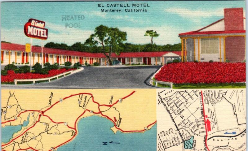 MONTEREY, CA California   EL CASTELL MOTEL  Maps c1950s Linen Roadside Postcard