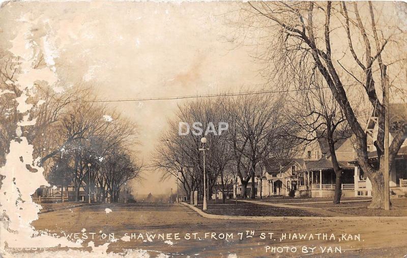 C46/ Hiawatha Kansas Ks Real Photo RPPC Postcard 1915 Shawnee St Homes Van Image