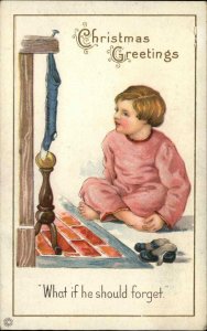 Christmas Little Girl Waits for Santa by Fire Stecher 315F Vintage Postcard