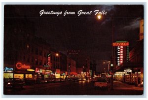 Greetings From Great Falls Montana MT, Central Avenue At Night Vintage Postcard 