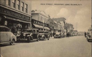 Freeport Long Island NY Main St. Cars Stores Postcard c1930s-40s