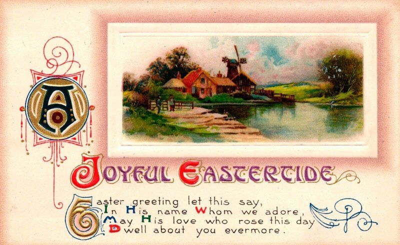 Vintage John Winsch Beautiful Cottage, House, River, Windmill, Easter Postcard
