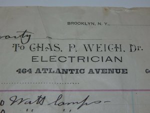 1920's Chas P Weich Dr. Electrician Brooklyn New York Lamps Letterhead