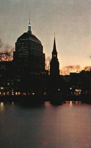 Postcard Boston At Twilight From Public Gardens Arlington St. Church At Right MA