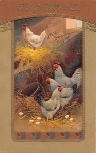 Easter Greetings chickens with eggs in hen house embossed antique pc Z16878