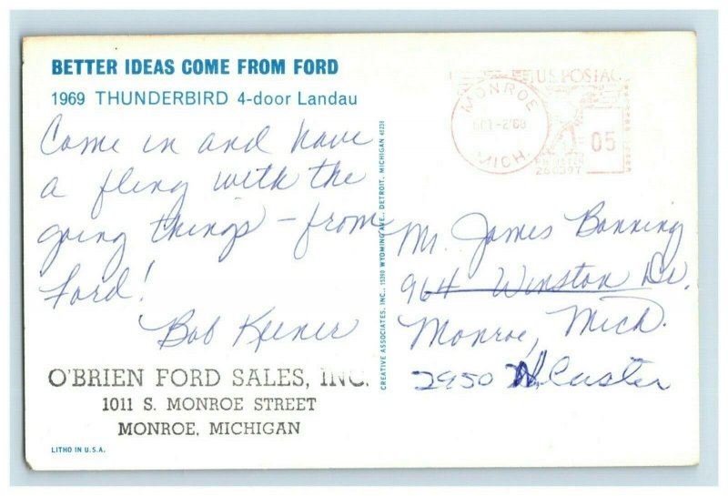 1968 O'brien Ford Monroe, MI 1969 Thunderbird Advertising Postcard P152 
