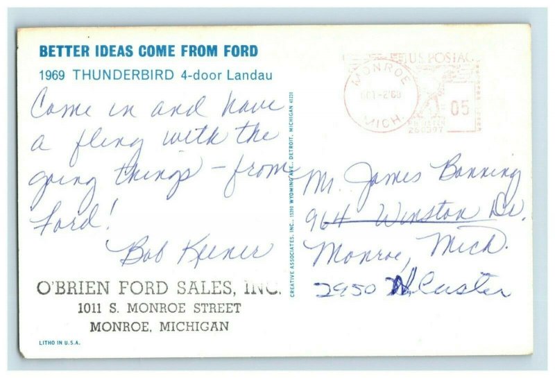 1968 O'brien Ford Monroe, MI 1969 Thunderbird Advertising Postcard P152