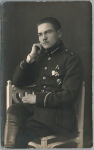 RIGA LATVIA OFFICER in UNIFORM w/ BADGES 1924 ANTIQUE REAL PHOTO POSTCARD RPPC