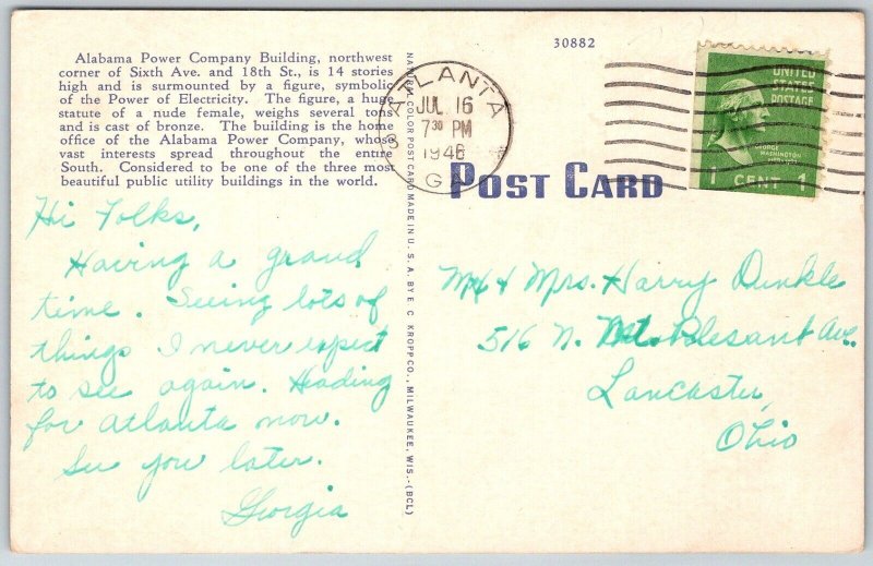 Birmingham Alabama 1946 postcard AL Power Company Building