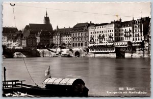 Vtg Basel Switzerland Rheinpartie mit Martinskirche RPPC Postcard