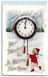 1912 Happy New Year Little Angel Ringing Clock Snowfall Winter Embossed Postcard