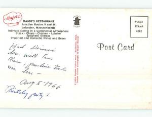 Pre-1980 MAJOR'S RESTAURANT Leicester Massachusetts MA p7147