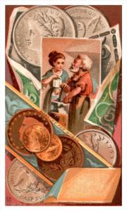 20038  Victorian Card Working for Money, Coins, gold and silver