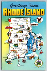 State Maps~Greetings From Rhode Island~Glendale~Wickford~Kingston~Vtg Postcard