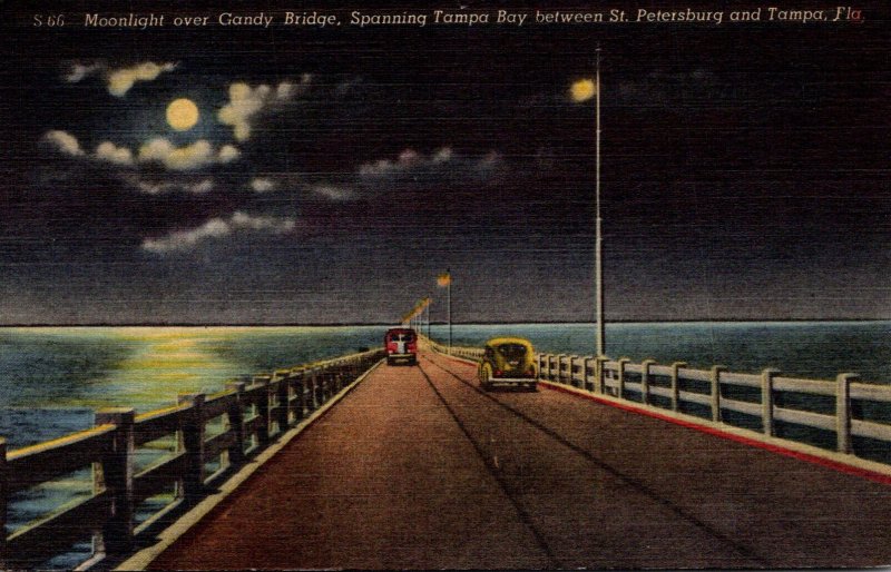 Florida Tampa Moonlight Over Gandy Bridge Spanning Tampa Bay 1954 Curteich