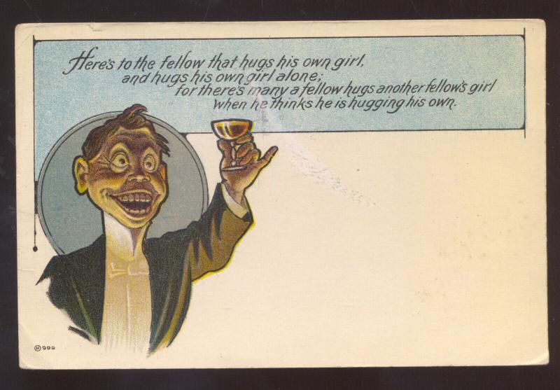 HERE'S TO THE FELLOW THAT HUGS HIS OWN GIRL DRUNK VINTAGE COMIC POSTCARD