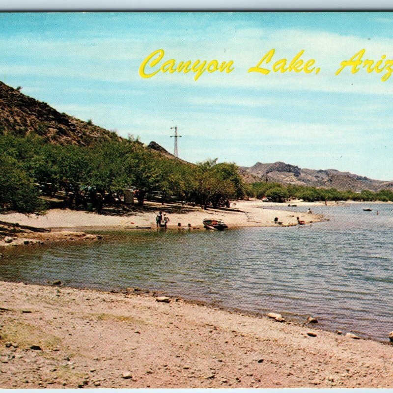 c1960s Apache Junction, AZ Greetings Canyon Lake Beach Boat Power Line PC A237