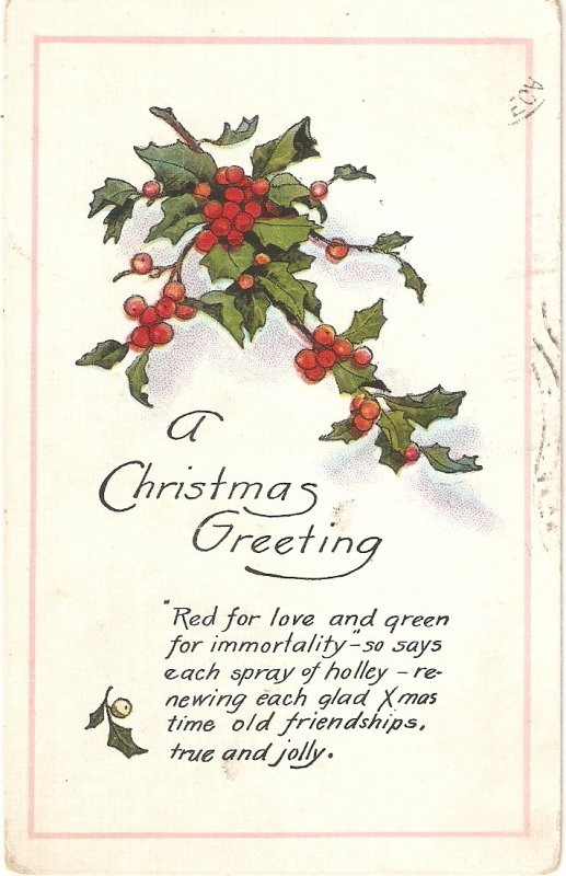 Holly branch. Christmas message O=ld vintage American Greetings postcard