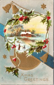 Postcard Meeker Christmas Series 546 Winter scene with holly and bells