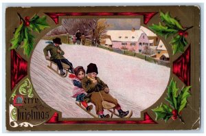 1908 Christmas Girl And Boys Sleeding Winter Snow Holly Posted Antique Postcard