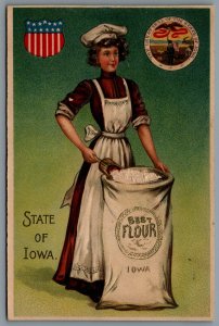 Postcard Iowa c1906 State Girl Langsdorf Embossed Lady With Bag of Flour