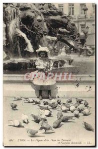 Old Postcard Dove Pigeon Pigeons Lyon Bellecour Square and Bartholdi Fountain