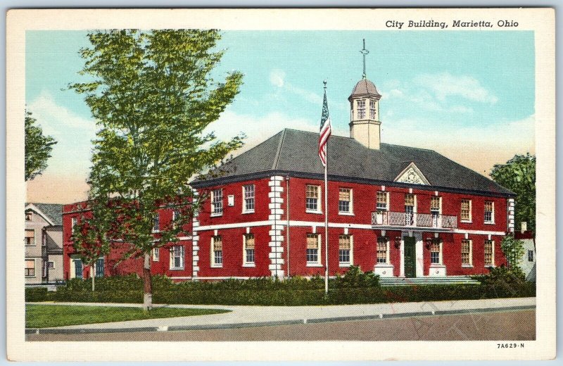 1937 Marietta, Ohio City Hall Building Linen Kelly News Stationery Teich OH A211