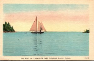 VINTAGE POSTCARD SAIL BOAT ON ST. LAWRENCE RIVER THOUSAND ISLANDS CANADA 1946