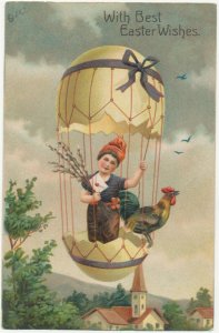 Boy & Rooster In Egg Shell Hot Air Balloon With Best Easter Wishes PFB PC 