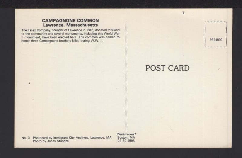 Massachusetts LAWRENCE Campagnone Common World War 11 Monument  ~ Chrome