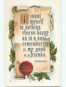 Tape Repair c1910 new year POSTCARD OF SHAKESPEARE QUOTE ON PARCHMENT k5175
