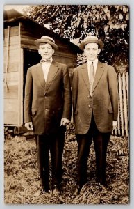 RPPC Two Young Men Boater Hats Pose In Yard Real Photo c1912 Postcard U28