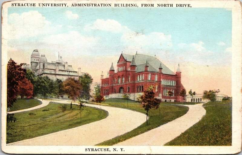 Syracuse University Admin Blg From N Dr New York NY Antique WB Postcard PM WOB 