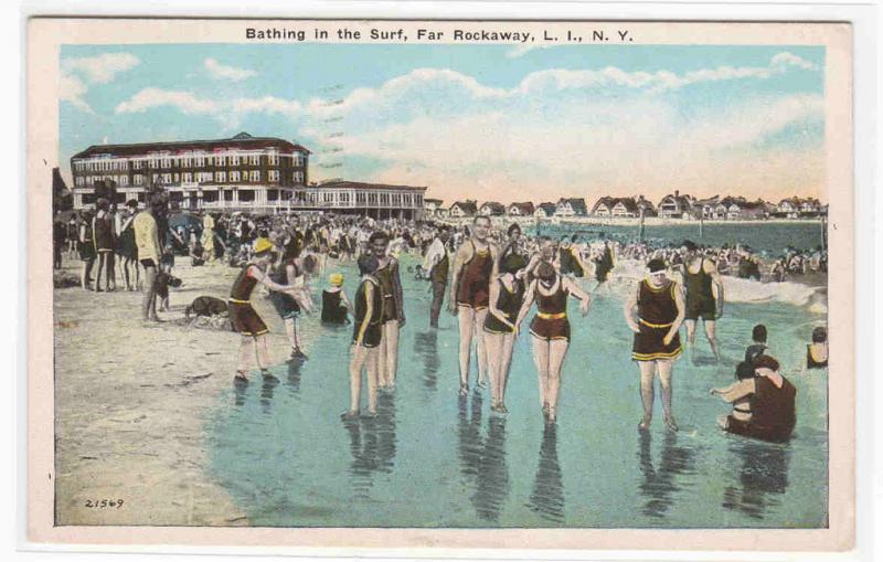 Beach Crowd Far Rockaway Long Island New York 1937 postcard