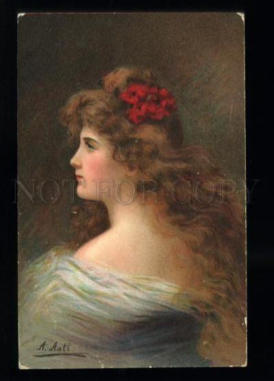 134564 Lady w/ LONG HAIR in White by Angelo ASTI vintage PC