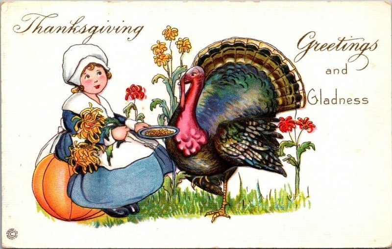 Thanksgiving Postcard Little Pilgrim Girl Feeding a Turkey, Pumpkin, Flowers
