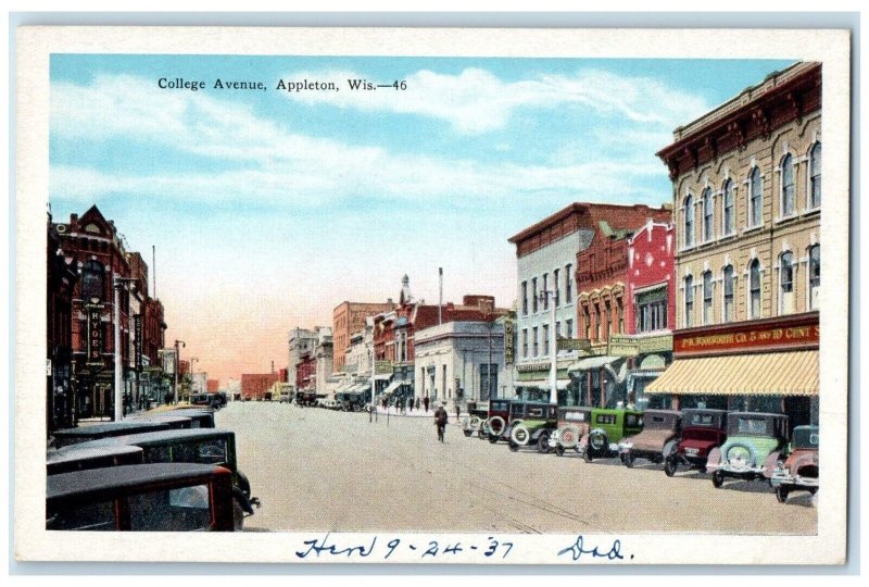 c1920 College Avenue Classic Cars Exterior Building Appleton Wisconsin Postcard